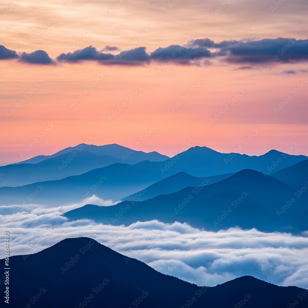 Fototapeta premium Majestic mountain peaks bathed in soft sunrise hues