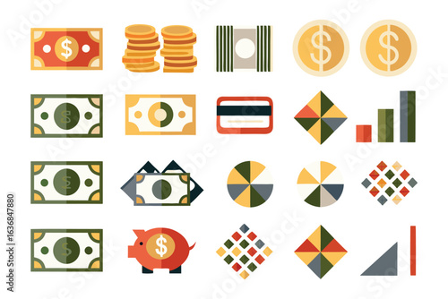 Financial Icons: A collection of intricately designed financial icons, embodying the essence of wealth, commerce, and fiscal concepts, all showcased in an eye-catching illustration.
