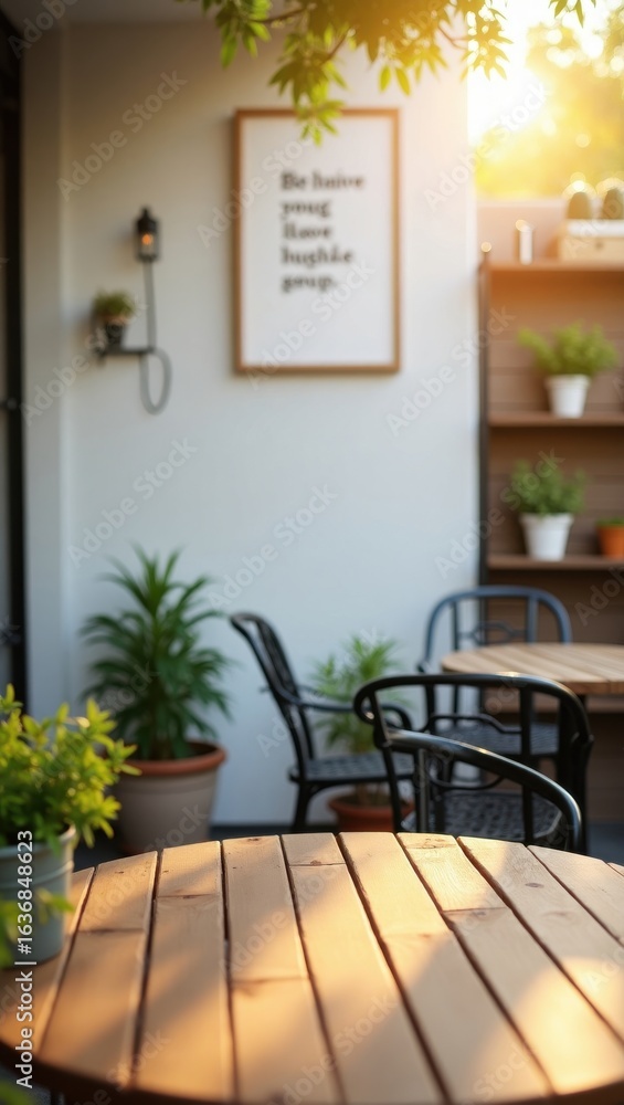 Fototapeta premium Outdoor Cafe Table with Plants and Sunlight in a Relaxing Atmosphere