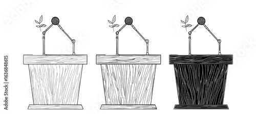 The modern illustration showcases a realistic business presentation stand with microphones, set on a white background with isolated 3D icons of a conference speech tribune
