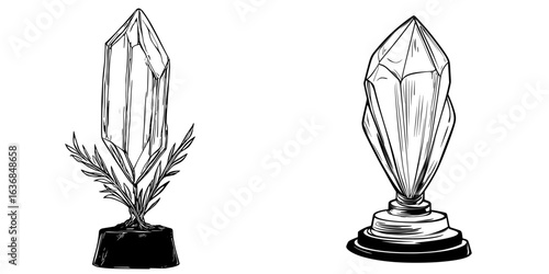 This modern isolated image depicts a blank crystal cup on a base, designed to resemble winning trophies, with the glass trophy being a realistic transparent winner award and a 3D glass or acrylic