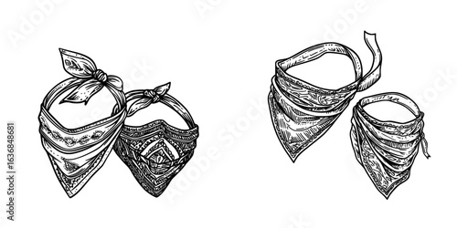 Realistic black bandana illustrations, including face buff and handkerchief templates, are shown isolated on white for use as head or neck covers