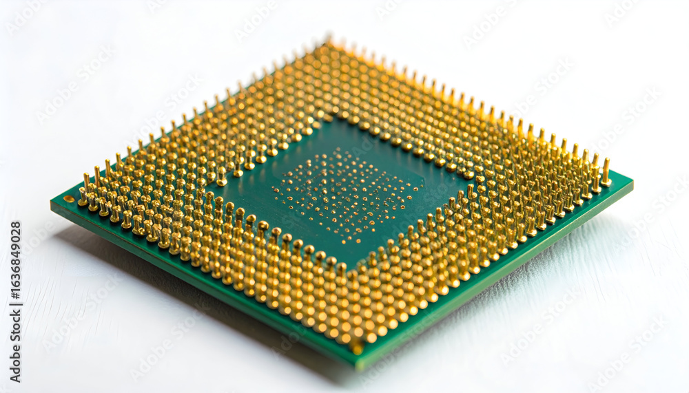 Closeup of a modern CPU chip showing the pins and surface details on a white surface, highlighting the complexity and technology, symbolizing innovation. Closeup of a modern CPU chip showing the pins and surface details on a white surface, highlighting the complexity and technology, symbolizing innovation.