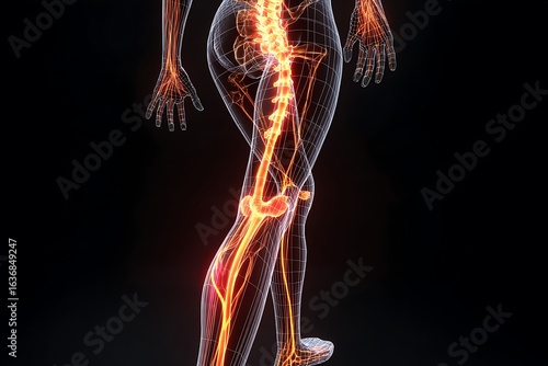 Digital rendering of human body showing bones, joints, and circulatory system with inflammation and pain indication