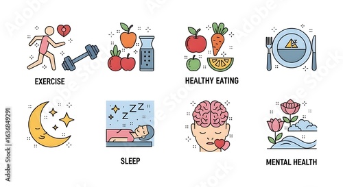 Health and Wellness Icons Set Healthy Lifestyle Habits Self Care Concepts Vector