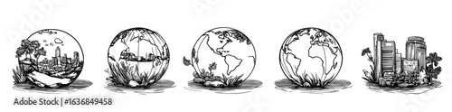 The Earth is represented by a simple and realistic transparent globe model, showcasing the USA, Europa, and Asia in an abstract 3D circle on a flat isolated image