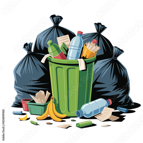 Overflowing green trash can with black garbage bags and scattered waste