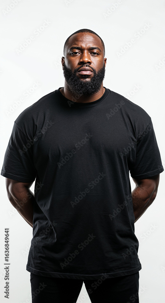 Fototapeta premium Portrait of a tough African American bodyguard in oversized black t-shirt on white background.