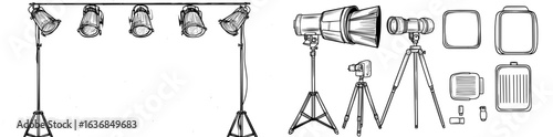 Modern studio lighting includes a stage spotlight, concert lamp light, and realistic floodlight effects, all on a transparent background as part of an illuminated spotlight set