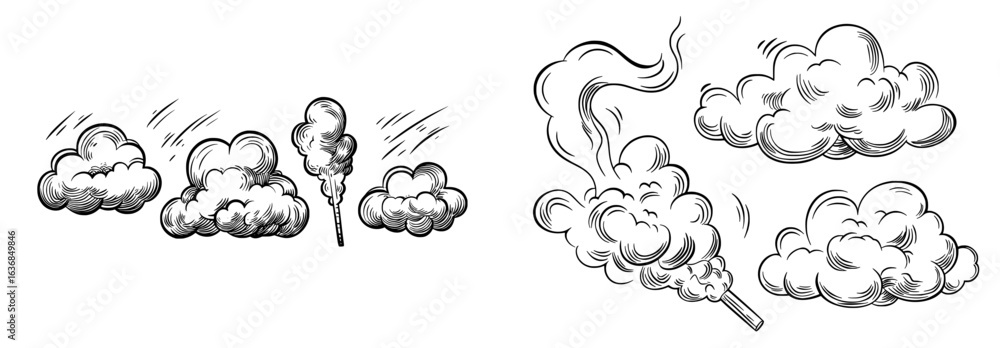 Fototapeta premium The modern gas blast set features a cartoonish animation of smoke, steam, and dust, with a dynamic depiction of fog and smog in a comic book style explosion of movement