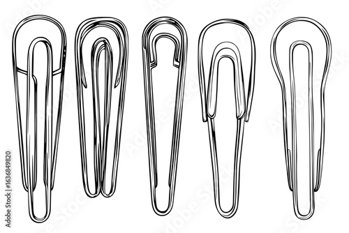 Isolated transparent attach elements, including realistic paper clips, are used for various purposes, such as metal fasteners for notebooks, and are categorized as modern isolated clips and essential