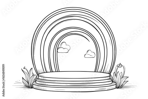 On a gray background, a modern set is arranged, including a 3D two-stage platform, a round podium, and a winner's round pedestal set