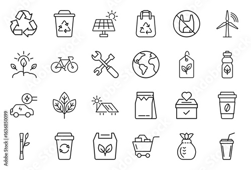 Zero waste icon set in outline style including recycling, reusable, eco, nature, plastic free, renewable