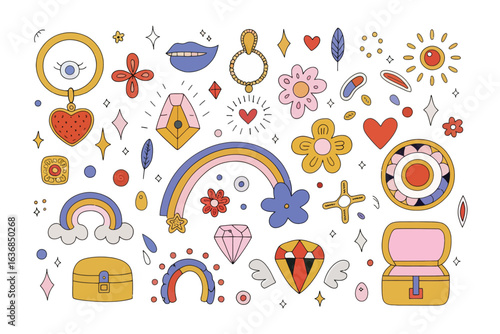 Whimsical Jewel Collection: An array of charming illustrations showcases a dazzling ensemble of jewels, accessories, and fanciful ornaments, perfect for creative projects. 