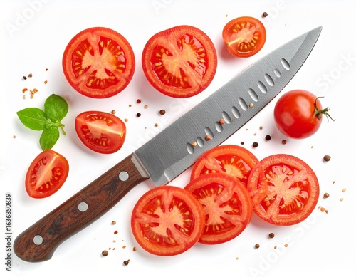 Realistic knife cutting tomato concept