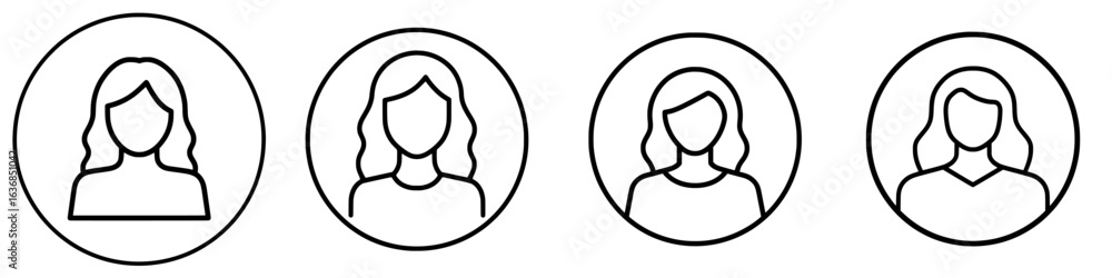 A circular icon representing a female user's profile, designed for use on apps and websites, is depicted in a flat style A circular icon representing a female user's profile, designed for use on apps and websites, is depicted in a flat style
