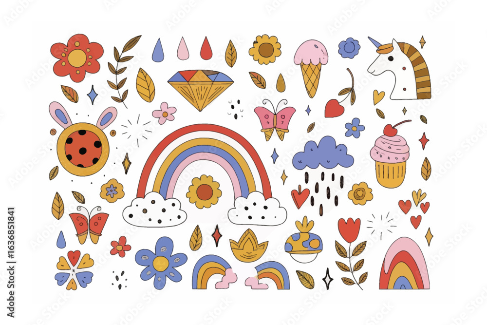 Whimsical Delight: A collection of vibrant, playful illustrations of rainbows, flowers, butterflies and other elements creates a lively visual composition. Whimsical Delight: A collection of vibrant, playful illustrations of rainbows, flowers, butterflies and other elements creates a lively visual composition.