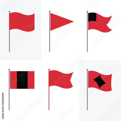 Collection of six different red flags on poles