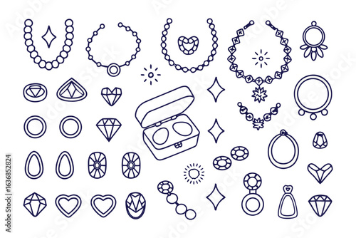 Jewellery collection and Accessories: a detailed illustration of jewelry and accessory sets in elegant line art. showcasing the intricate designs and detailing of each piece, perfect for creative use.
