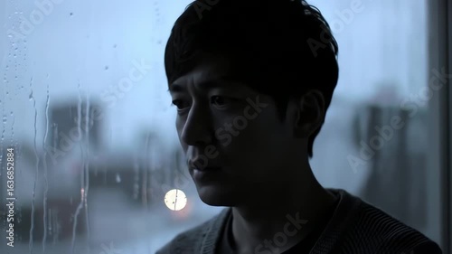 Lonely thoughtful Asian man looking out the window on a rainy evening with a sad expression
