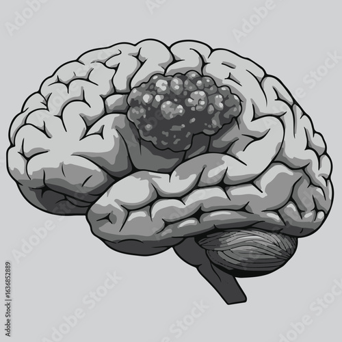 A medical illustration depicting a human brain with a malignant tumor. This anatomical vector graphic shows a cancerous growth for scientific and educational purposes.