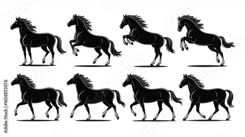 Black Horse Silhouette Collection with Dynamic Poses Galloping Rearing and Standing Elegantly on a White Background Symbolizing Strength and Power