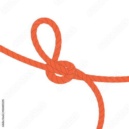 Close up of an orange rope tied in a knot on a white background