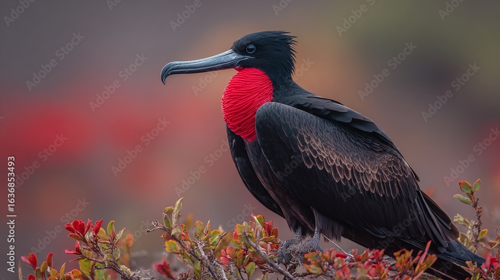 Naklejka premium Magnificent Frigatebird displays its gular sac. A vibrant red pouch contrasts the black feathers, perched among red-tinged flora. Striking bird!