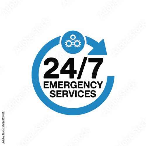 Round 24 7 emergency services icon with circular arrow and gears