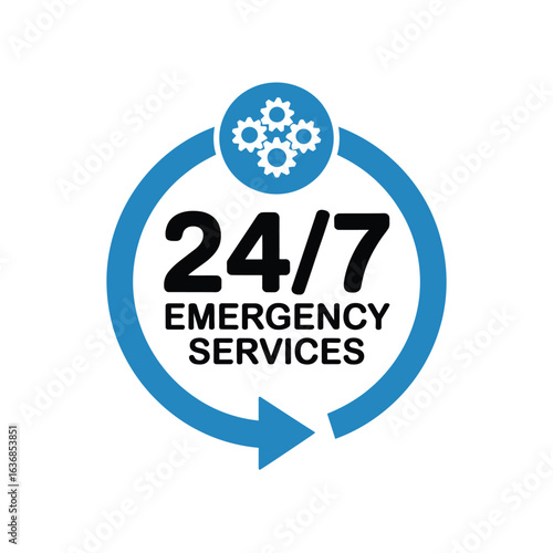 24 7 emergency services icon with gears and arrow