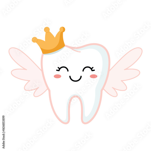 Cute cartoon tooth with wings and a golden crown smiling happily