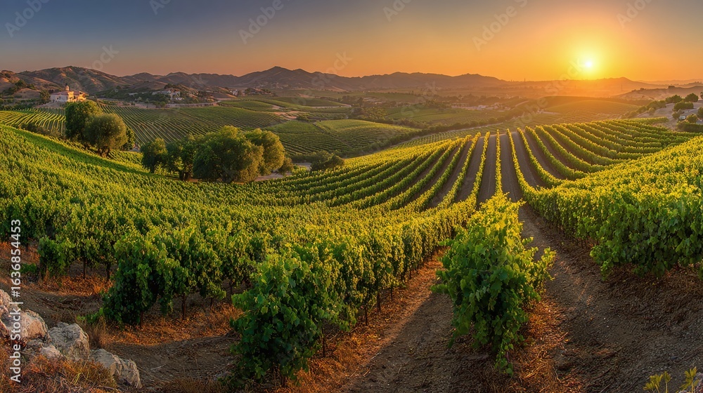Fototapeta premium Vineyard rows stretch across the landscape as the sun rises, illuminating the lush greenery and rolling hills in the distance. Perfect wine country scene.