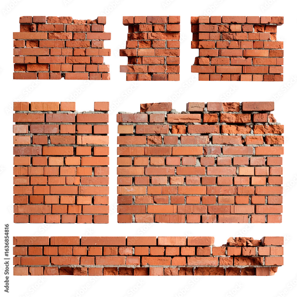 Collection of various red brick wall sections showing different textures and states of construction for architectural and construction design elements Collection of various red brick wall sections showing different textures and states of construction for architectural and construction design elements