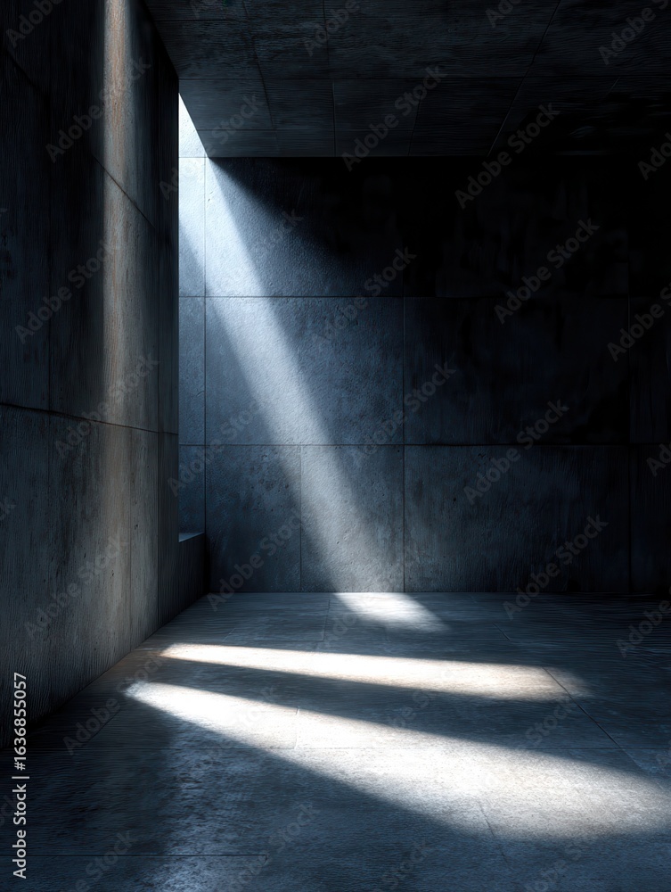 Obraz premium sunlight streaming into dark concrete room with dramatic shadows