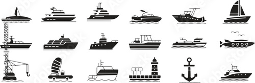 Water transport icons set. Ship, boat, ferry, sailing. editable stroke. vector illustration