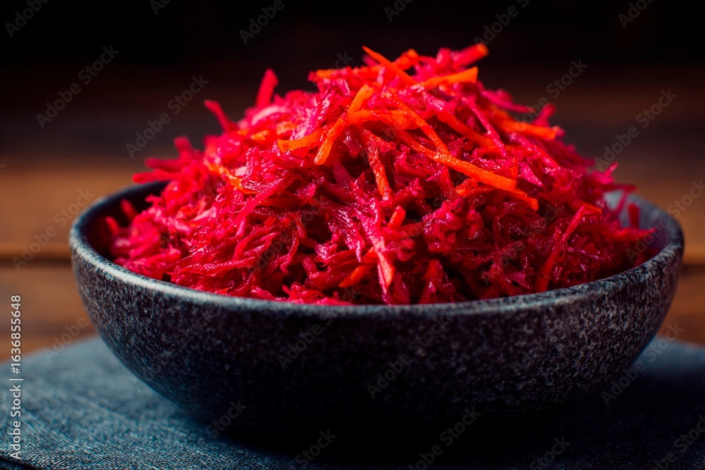 Fototapeta premium Vibrant shredded beetroot mixed with thinly sliced carrots fills a dark bowl, creating a visually appealing dish perfect for healthy meals or side dishes