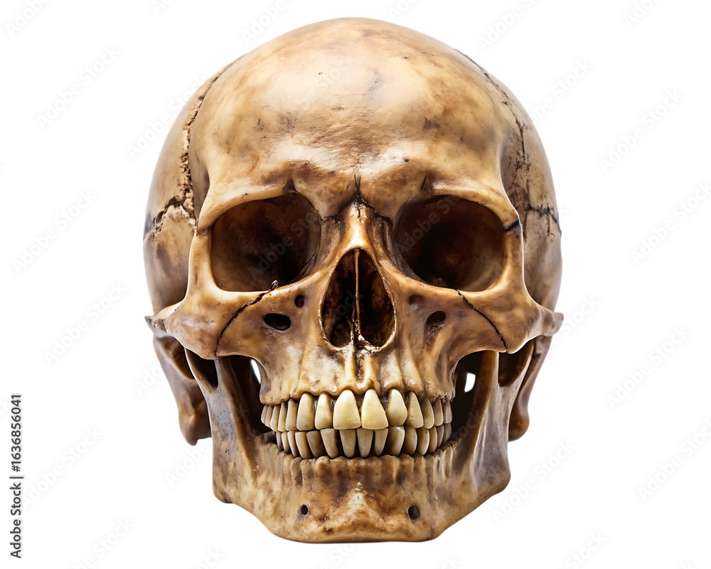 Fototapeta premium Human Skull with Sharp Teeth – Isolated on White Background – PNG – GENERATIVE AI