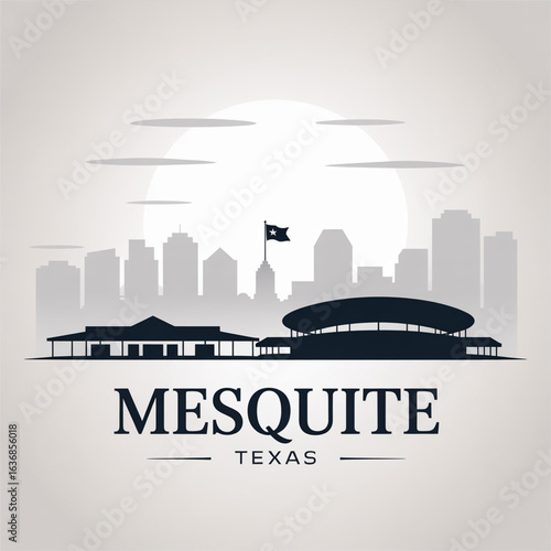 Mesquite Skyline Silhouette - Texas City with Rodeo Roots and Suburban Main Street Vector Illustration