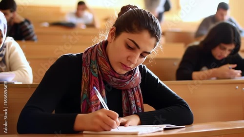 A focused female university student diligently writes notes in her notebook during a class in a large lecture hall