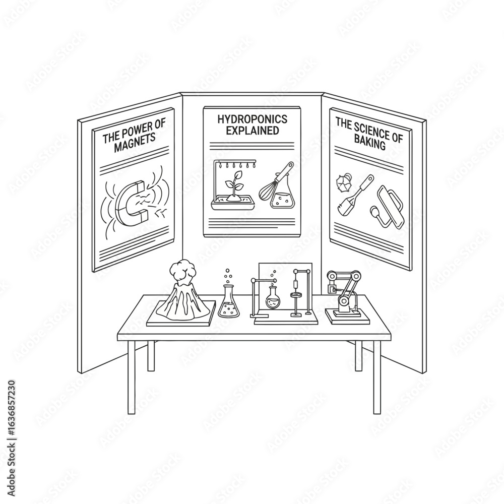 Fototapeta premium Inspiring science fair project ideas showcase with magnets, hydroponics, and baking, fostering curiosity and innovation in young minds for scientific exploration