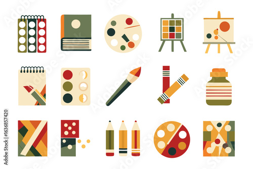 Artistic Toolkit: A collection of vibrant watercolor paints, paint brushes, sketch pads, and palettes, all artfully arranged, promising a journey of creative expression.
