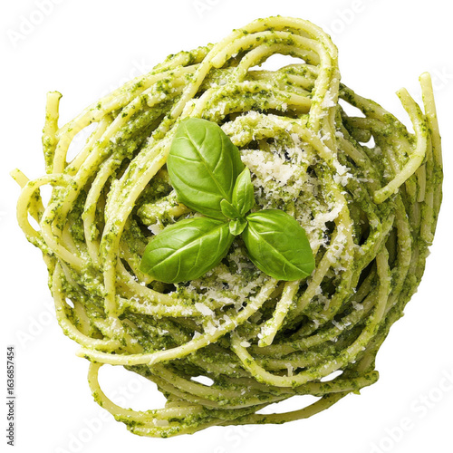 Linguistic Pasta Delight: A tantalizing top-down view showcases a plate of perfectly twirled linguistic pasta, garnished with vibrant pesto and a sprig of fresh basil.