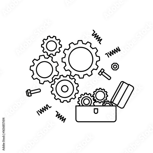 Intricate gear system illustration, mechanical parts exploding from toolbox, dynamic engineering concept for innovation and technical design projects