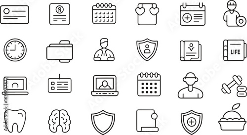 Health and Insurance Line Icons Set – Medical, Protection, and Fitness Symbols Vector