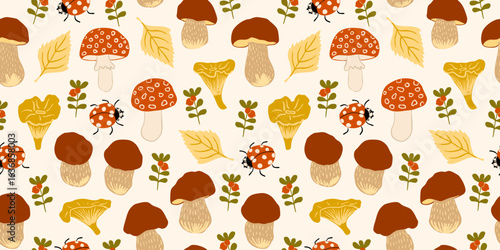 Cozy Autumn Forest Pattern with Mushrooms, Ladybugs, Leaves, and Berries. Seamless Fall Nature Background. Cute Fall Season Design for Paper, Textile.