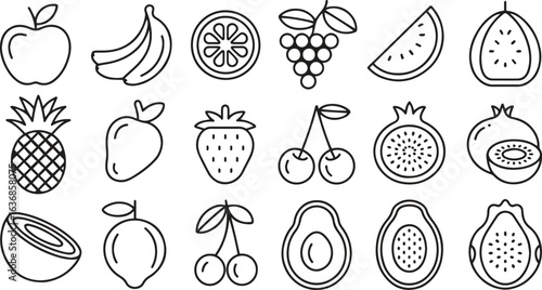Fruit Icons Set – Outline Vector of Various Fresh Fruits Vector Illustration