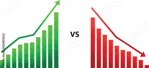 Green bar graph showing growth versus red bar graph showing decline with VS text