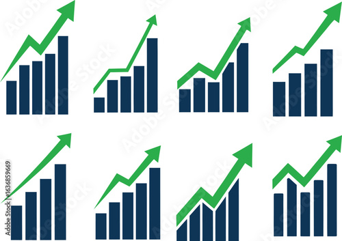 Multiple Green Arrow Bar Chart Growth Icons on White Background graph rising