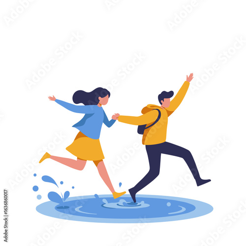 Young couple running through puddles while holding hands outdoors  