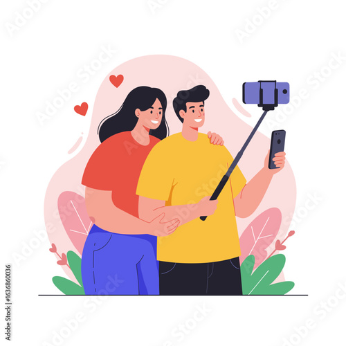 Young couple taking selfie together with smartphone on colorful background stick 